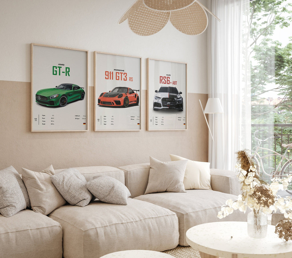 Poster Sportwagen PORSCHE 911 AUDI Rs MERCEDES Amg Gtr  Super Sport Auto · Geschenk für ihn · Wohnzimmmer Büro · Wand Deko PrintIohne Rahmen