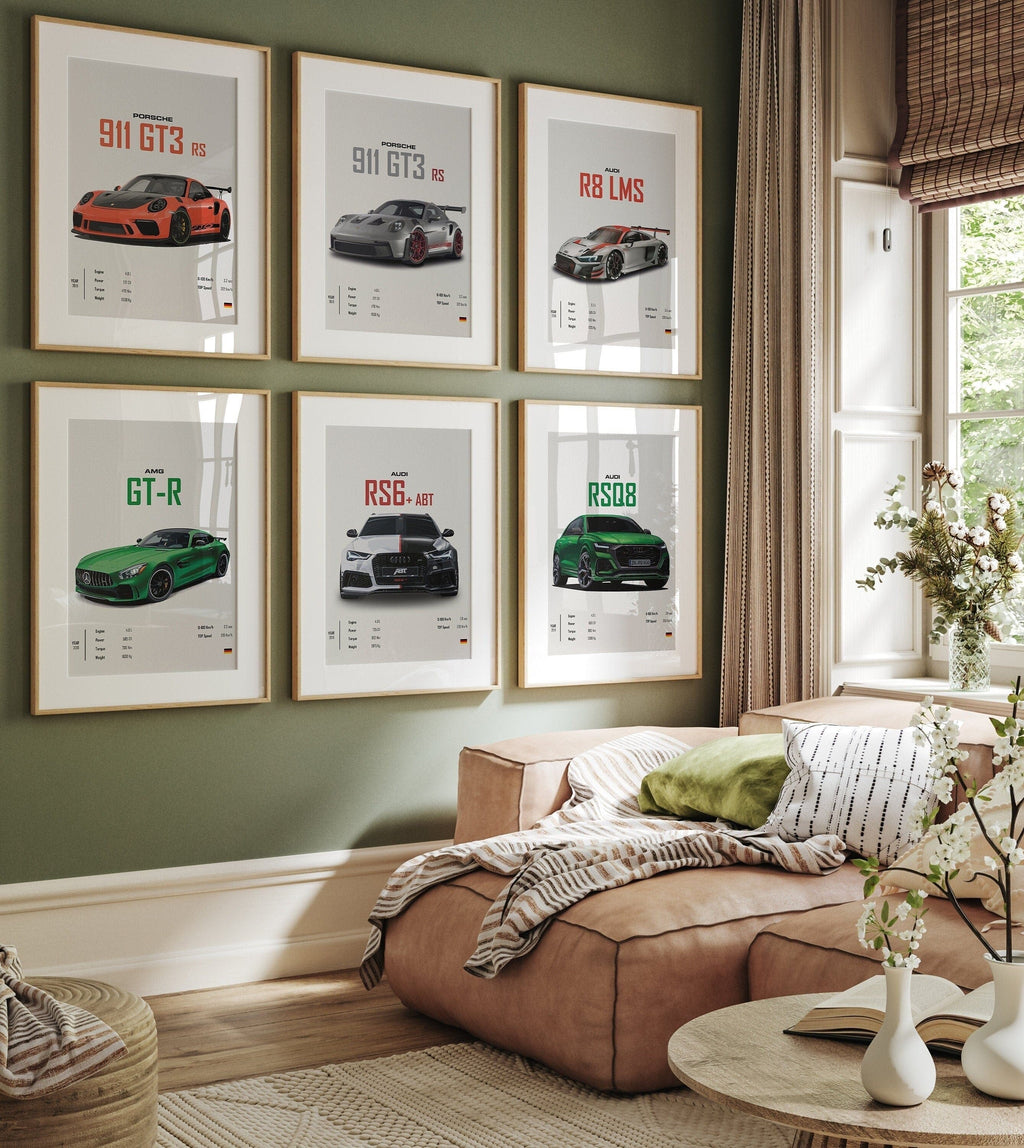 Poster Sportwagen PORSCHE 911 AUDI Rs MERCEDES Amg Gtr  Super Sport Auto · Geschenk für ihn · Wohnzimmmer Büro · Wand Deko PrintIohne Rahmen